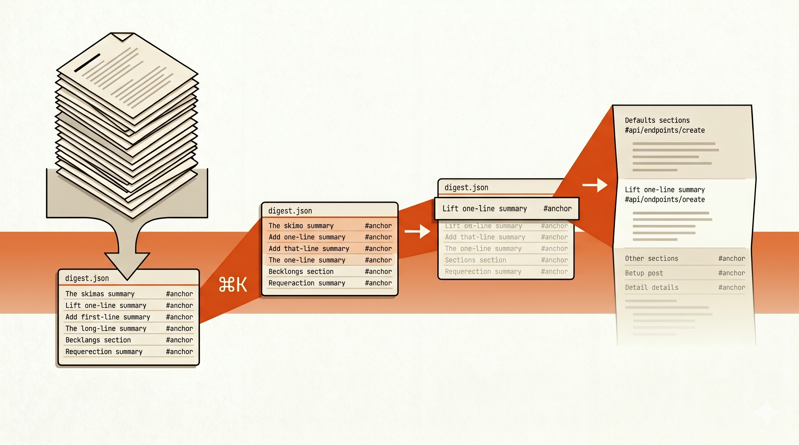 A stack of documentation pages distilled into a compact digest.json index card on warm paper; an orange ⌘K beam reads it progressively — skims the index, lifts one summary line, and unfolds it into a full section anchored at #api/endpoints/create.